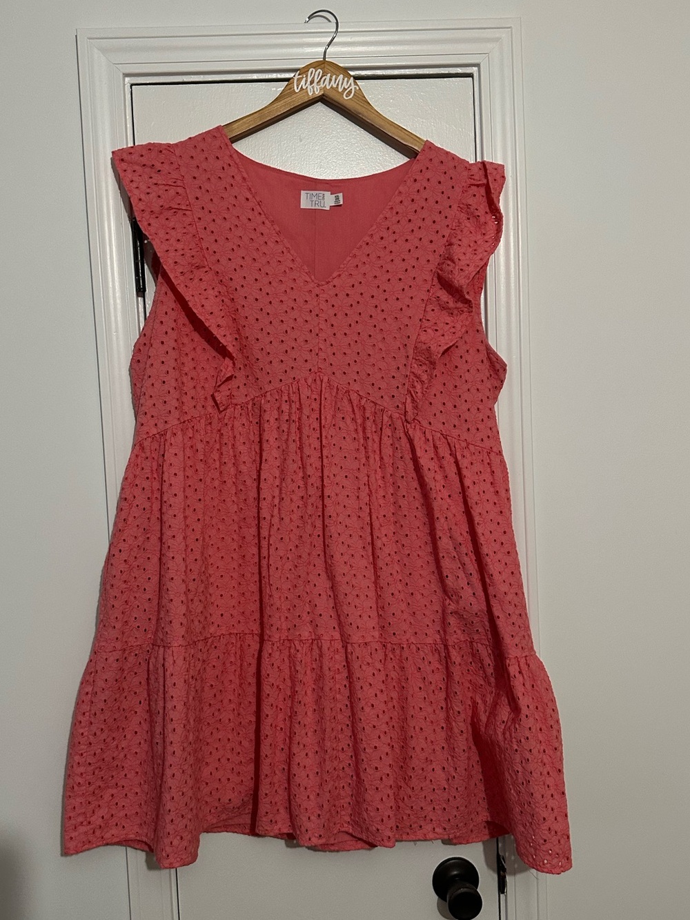 Time and Tru Coral Eyelet V-Neck Ruffle Sleeve Dress